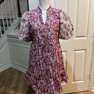 Chic Red Floral Puff Sleeve Mini Dress